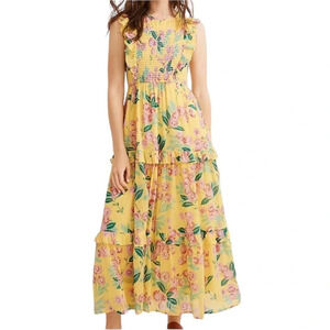Banjanan XS Yellow Floral Cotton Maxi Dress Boho Smocked Tiered Sleeveless